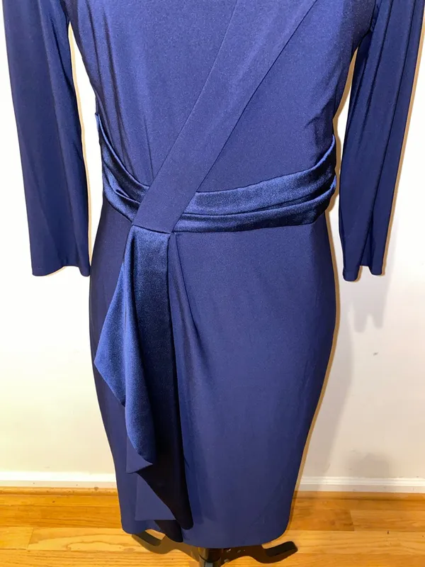 American Living Gabrielle Navy Blue Longsleeve Ruffle Satin Sheath Dress Size 6 - Image 4