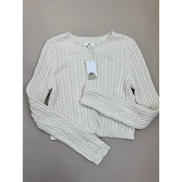 BP Cardigan Sweater Womens Size XS Ivory Cropped Cable Knit Button-Front - Image 2
