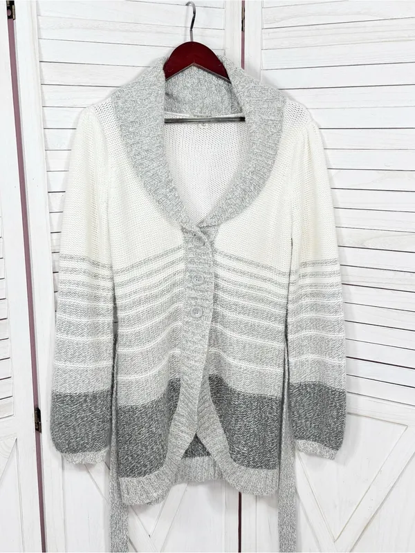 St. John's Bay Stripe Colorblock Shawl Collar Belted Cardigan Sweater Grey White - Image 7