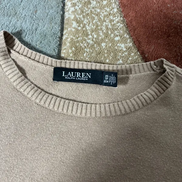 Lauren Ralph Lauren Puff Sleeve Crew Sweater Womens XS Tan Cotton Modal Knit - Image 4
