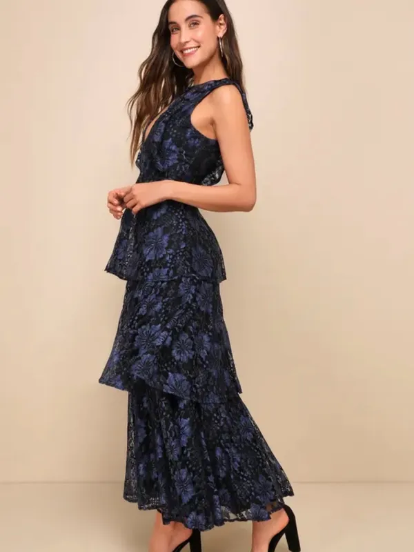 Lulus Molinetto Lace Ruffled Tiered Sleeveless Maxi Dress Floral V-Neck - Image 2