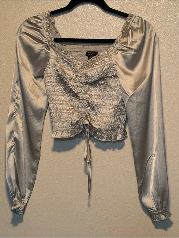 Japna Satin Smocked Ruched Long Sleeve Crop Top XS Pale Sage Gray - Image 2