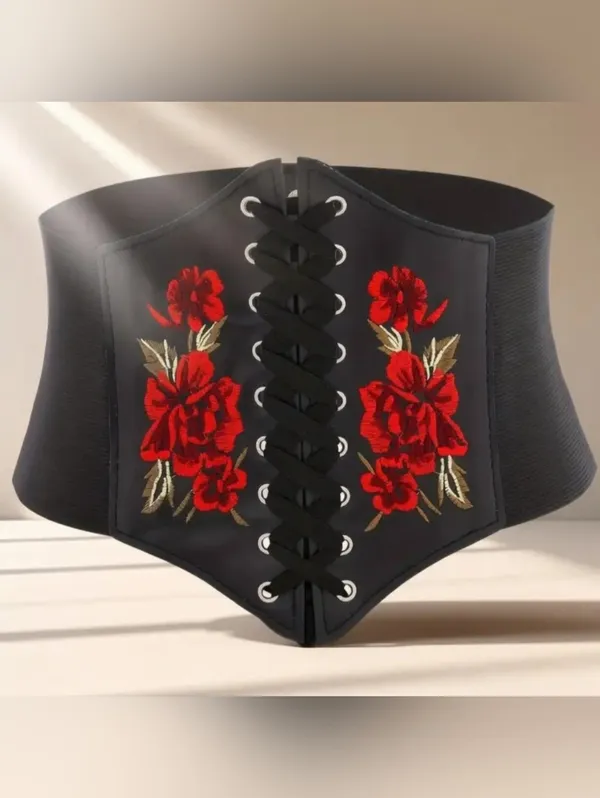 Black Floral‎ Embroidered Waist Elastic Corset Belt One Size - Image 7
