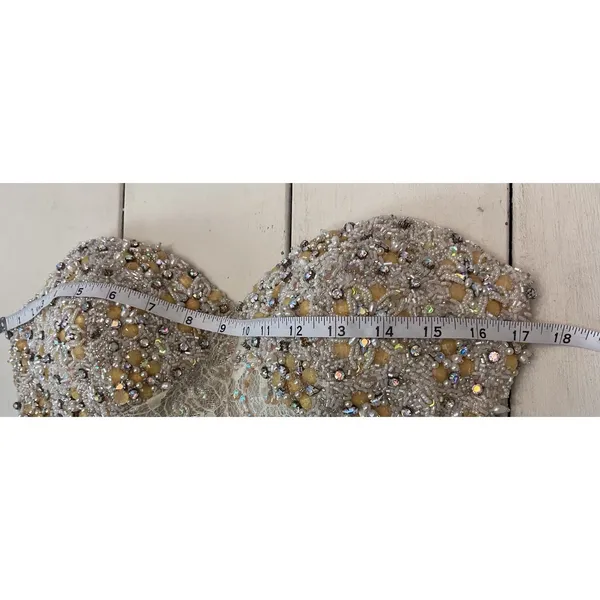 Mac Duggal Couture‎ Beaded Strapless Gown Womens 4 Champagne Lace Mermaid Formal - Image 8