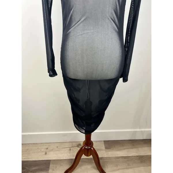 Sheer Mesh Long Sleeve Mock Neck Bodycon Midi Dress Black Ruched Thumbholes - Image 6