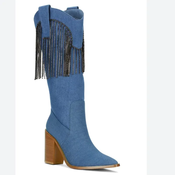 NEW Venus Cowgirl Embellished Fringe Blue Denim Boot SZ-9 Y2k Festive - Image 8