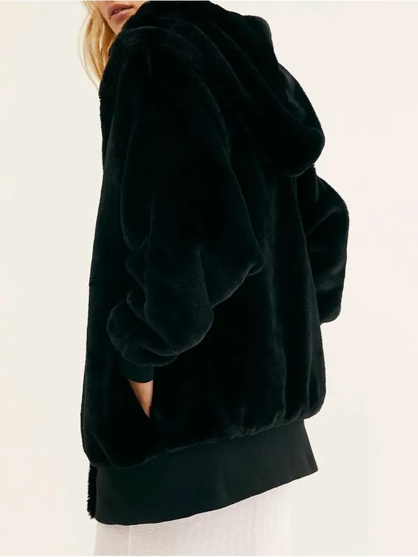 Free People Black Faux Fur Hooded Zip Jacket - Image 2