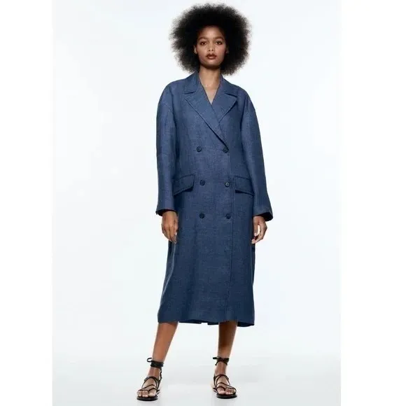 ZARA Limited Edition Linen Coat Buttons Pockets Double Breasted Blue X-Small - Image 5