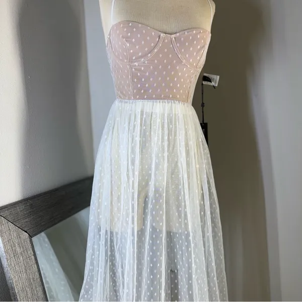 White Fox Boutique Strapless maxi sheer Dress in Pink and White - Image 4