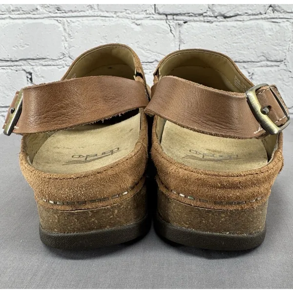 Dansko Merrin Clogs Size 39 US 8.5 Tan Suede Heel Strap Cork Midsole - Image 6