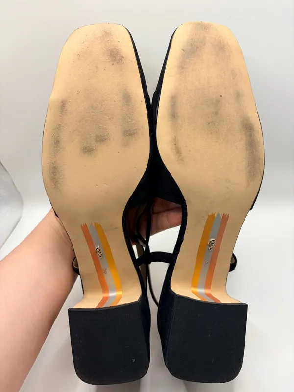 Sam Edelman Black Suede Slingback Heels Sz 8 Square Toe Cutout Retro Chic Preppy - Image 8