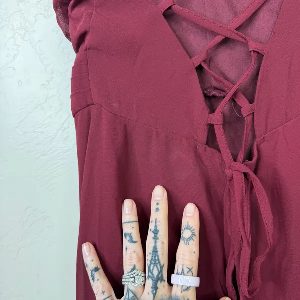 NEW Lulus Event Ready Burgundy Pleated Backless Lace-Up Sweeping Maxi Dress - Image 12
