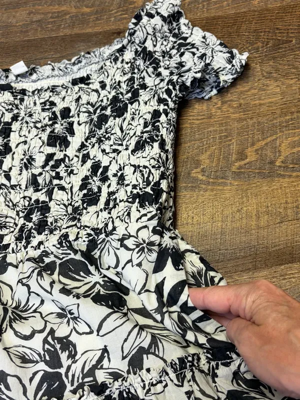 American Eagle Women Medium Black Cream Floral Smocked Tiered Cotton Mini Dress - Image 9