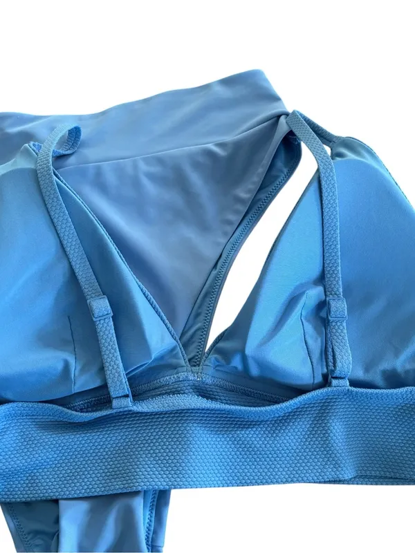 Aerie 2PC Triangle Waffle Weave Bikini Top High Waisted Bottom Sz XL/16 Blue - Image 2