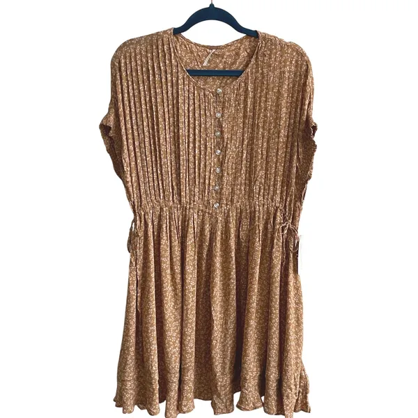Free‎ People One Fine Day Mini Dress Women S Brown Floral Cottagecore Pleated - Image 4