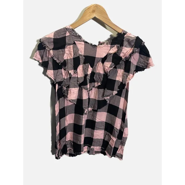 Zara Ruffle Top Women‎ XS Pink Black Buffalo Plaid Frayed Gingham Punk Grunge - Image 2