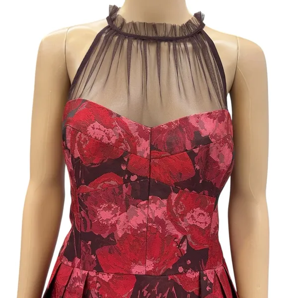 Maggy London Red Jacquard Cocktail Wedding Guest Illusion Yoke Dress Womens 16 - Image 6