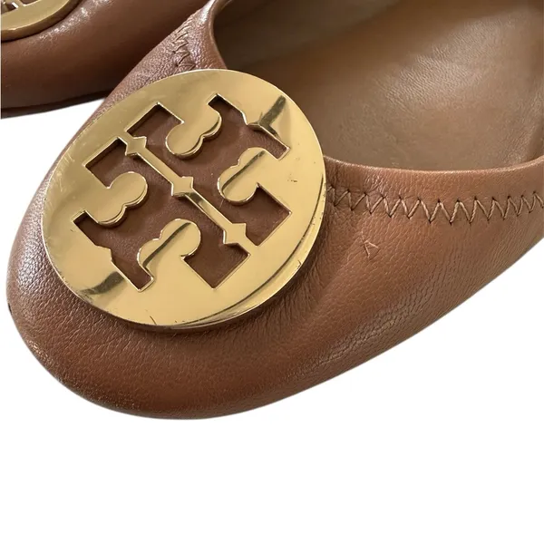 Tory Burch Brown Leather Minnie Travel Ballet Flats with Gold Logo - Image 4