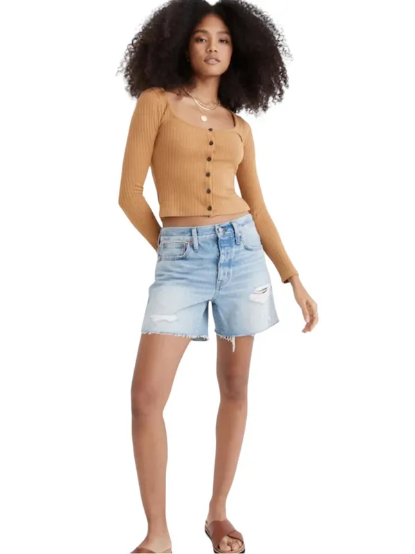 Madewell- Ribbed Button-Front Long Sleeve Crop Top Size XS - Image 3