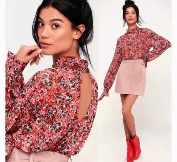 Free People NEW Wmns Coral Floral All Dolled Up Mesh Crop Top Shirt Sz S Romance - Image 2