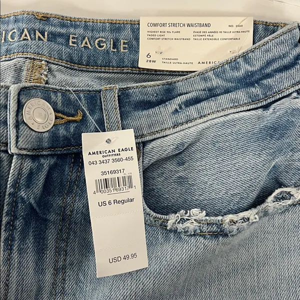 American Eagle Light Blue Comfort Stretch Waistband Highest Rise 90s Flare Size6 - Image 4