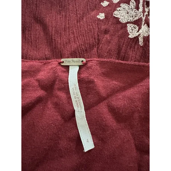 Free People Mini Dress Size 4 Burgundy Tan Floral Embroidery Bell Sleeve Boho - Image 5