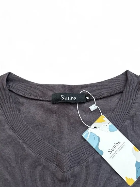 Long-Sleeve Ribbed V-Neck Slim Fit Top Gray Lightweight Fitted Casual Shirt Sz M - Image 4