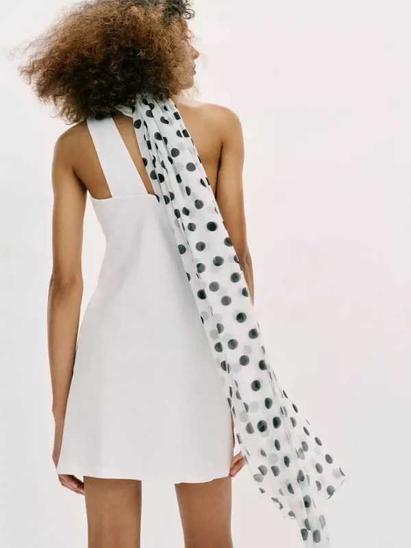 ZARA White One-Shoulder Mini Dress with Polka Dot Scarf - Image 6