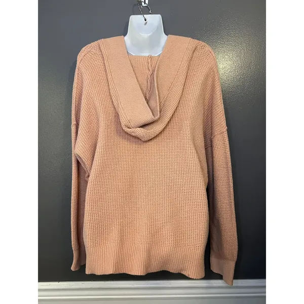 Aerie Sweater Womens Small Pink Waffle Knit Hooded V Neck Pullover Cozy Slouchy - Image 6
