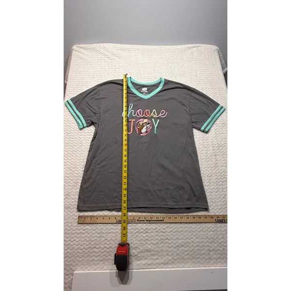 Buc-ee's Choose Joy Embroidered V-Neck Ringer T-Shirt Gray Teal Women Large - Image 2