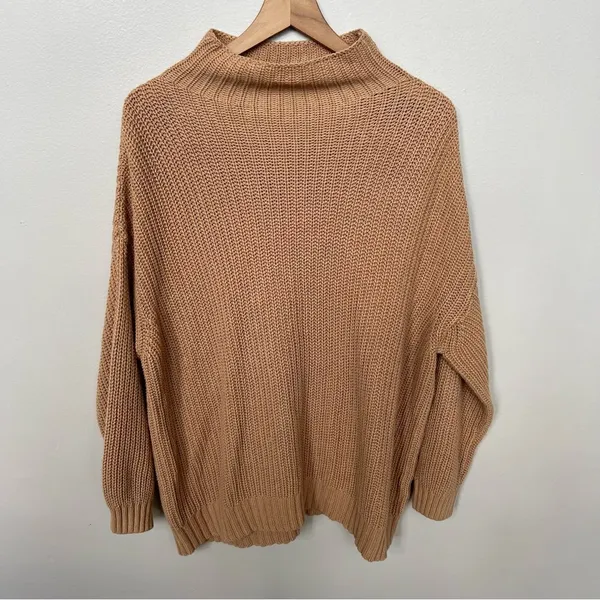American Eagle Outfitters Camel Tan Mock Neck Slouchy Knit Oversized Sweater XS - Image 2