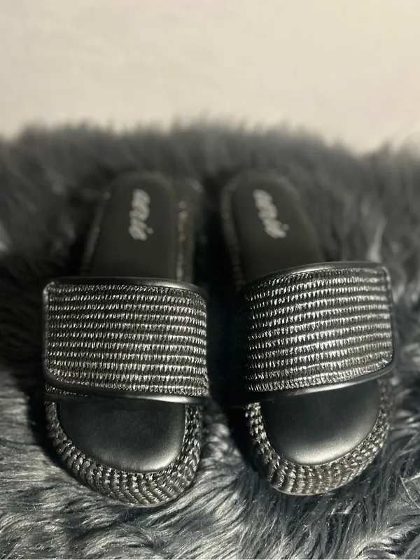 Aerie Straw Sandal Black Braided Strap Slide Sandals Size 7 - Image 5