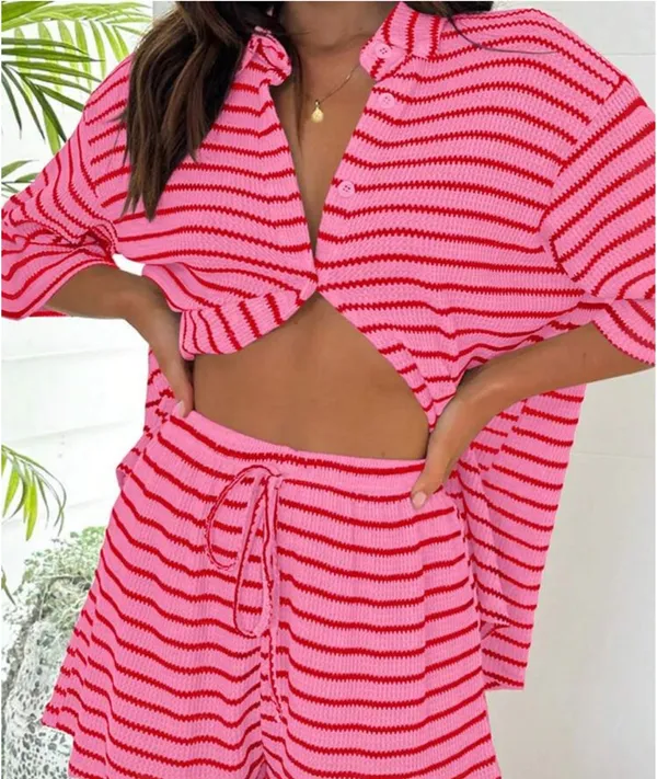 Knit Casual Striped Sports Tracksuit, Including Turndown Collar Button-Up Shirt Top - Image 2