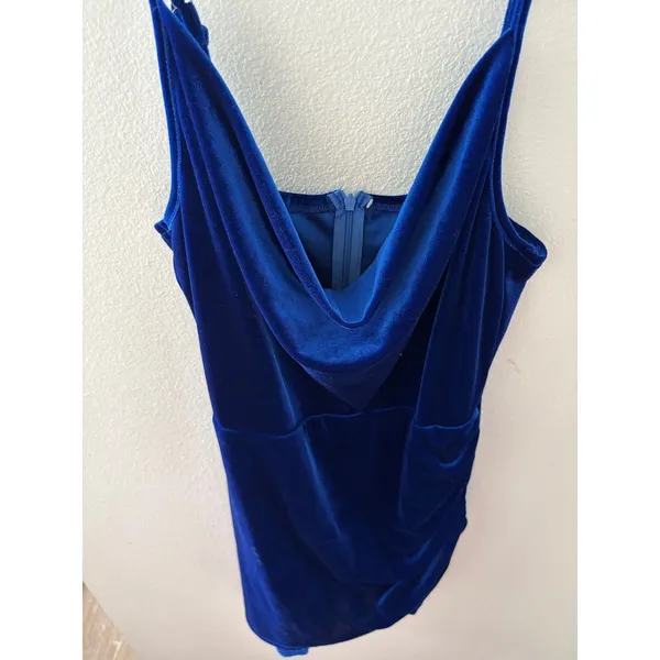 Royal Blue Velvet Cowl Neck Mini Dress Ruched Asymmetrical‎ Tulip Hem Cocktail - Image 6
