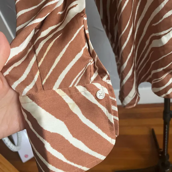 A New Day Brown Cream Animal Print Silky Blouse Button up Top Oversized Dinner - Image 2