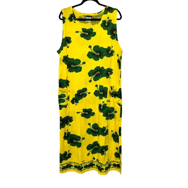 I.G. Sport XX Large Yellow Green Hibiscus‎ Floral Sleeveless Maxi Dress - Image 2