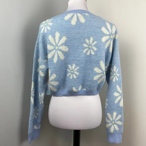 Witty Fox Blue Retro Floral Cropped Knit Sweater Large Daisy - Image 4