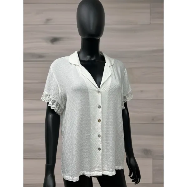 Flora Nikrooz‎ Lace Trim Top L | 100% Rayon | Short Sleeve Button Front - Image 2