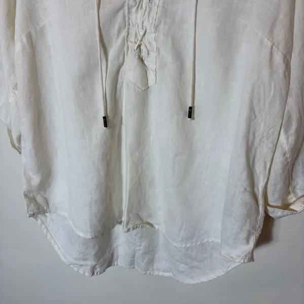 Maeve Anthropologie Cream Linen‎ Lace-Up Tunic Top Roll-Tab Sleeve Blouse Size 6 - Image 3