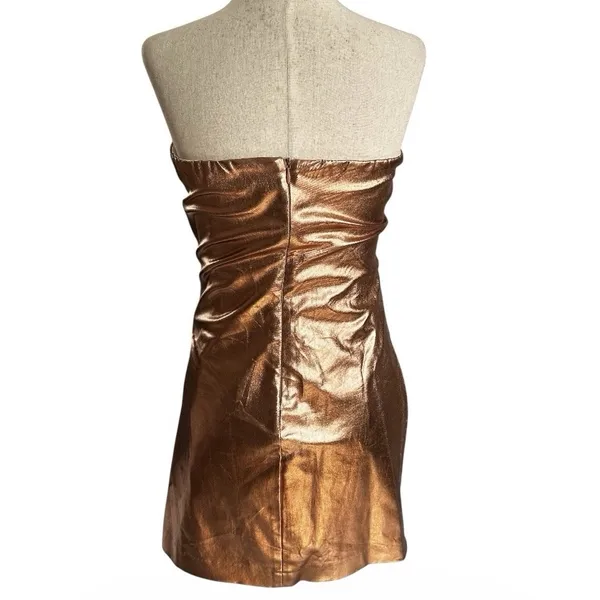 Zara Copper Rose Gold Metallic Draped Dress w Shorts Sz Medium Strapless | 27-17 - Image 3