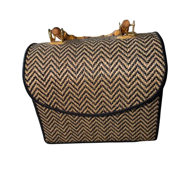 Woven Straw Chevron Zigzag Top Handle Bag with Bamboo Handle Black Tan - Image 2