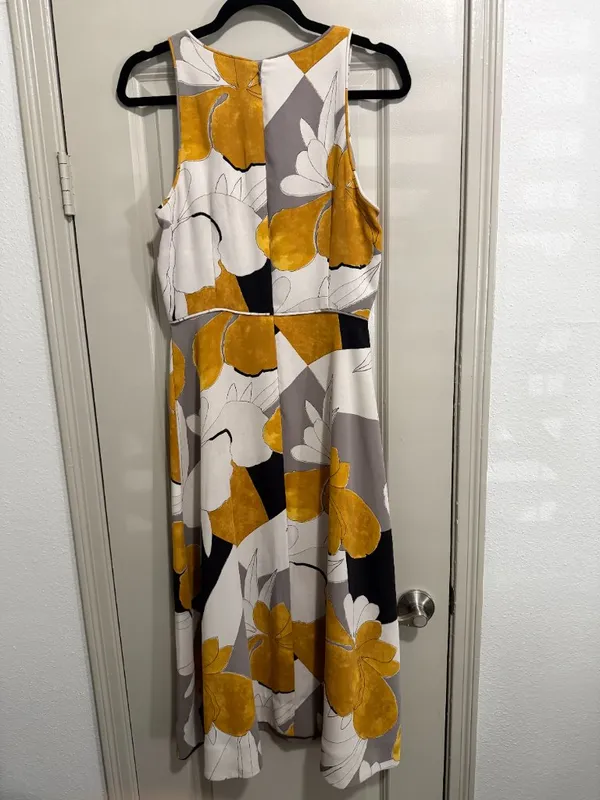 Ann Taylor Sleeveless Midi Dress Floral Size 8 Grey Black Yellow - Image 3
