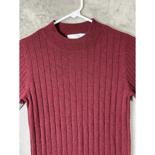 TOME Plum Ribbed Merino Wool Blend Short Sleeve Sweater Contrast Trim Size Small - Image 2