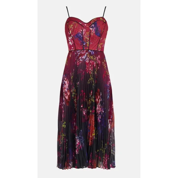 Karen Millen Floral Pleated Maxi Dress Burgundy Purple Corset 18 boho romantic - Image 2