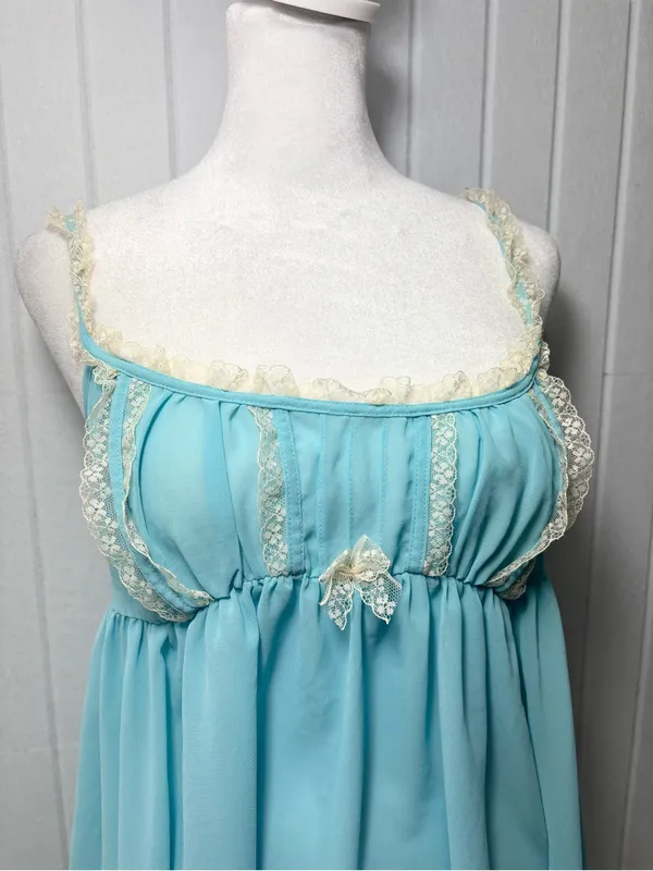 Victoria's Secret Y2K Vintage Sheer‎ Aqua Lace Trim Babydoll Chemise Brief Set - Image 9