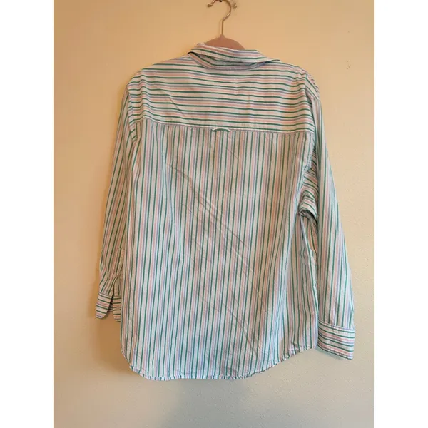 Aerie Button Down Shirt Women Large Green Pink Striped Coastal Relaxed Fit Top - Image 10