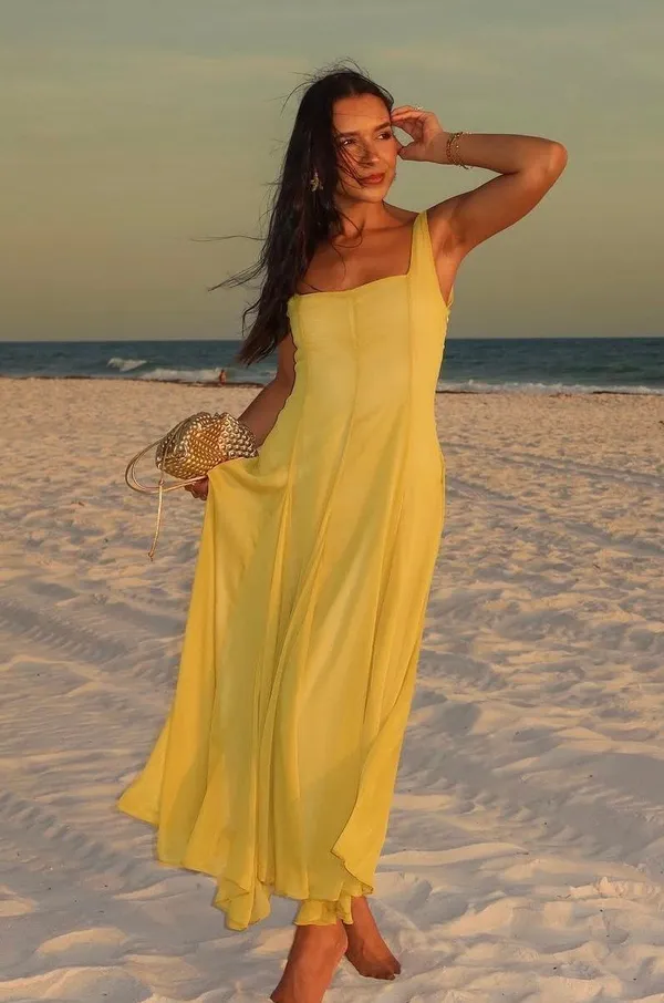 Zara butter mustard Yellow Maxi Dress flowy bohemian midi summer vacation - Image 4
