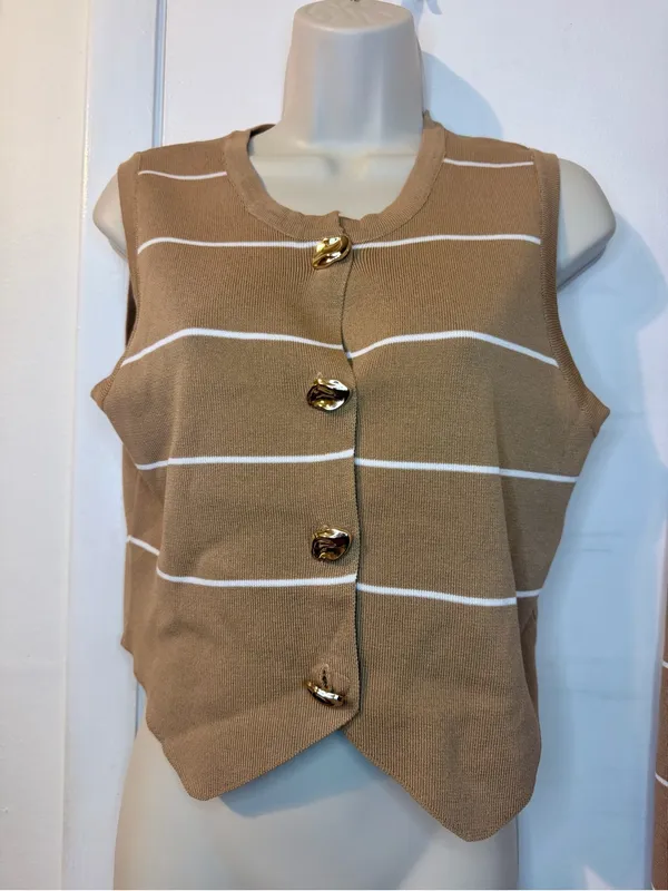 LA DIOSA L Khaki Stripe Knit Vest & Wide Leg Pants Set Gold Buttons NWT - Image 3