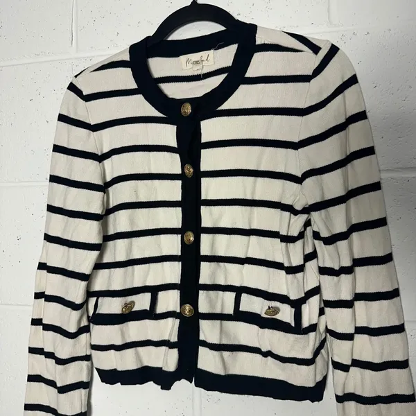 Marled Women Striped Cardigan Sweater White Black Gold‎ Crest Buttons Small prep - Image 5