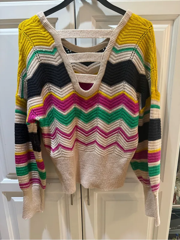 Multicolor Chevron Knit Sweater - Beige, Black, Pink, Green, Yellow - Image 2